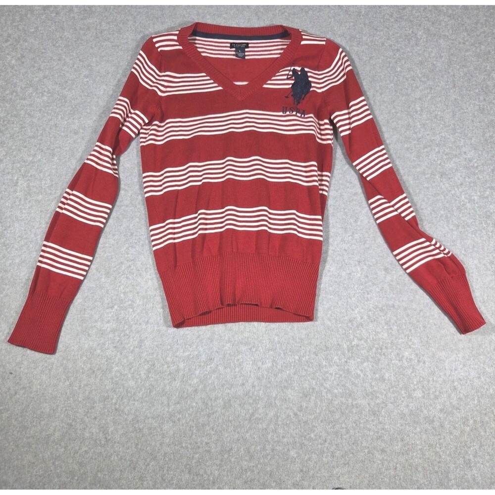 US Polo Assn Womens Sweater Red White Striped V-Neck Big Logo Knit Size Large L
